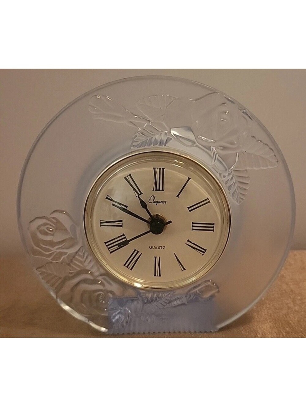 Beautiful VTG Elegance Quartz Desk Vanity Battery Clock Frosted Rose Blue Color
